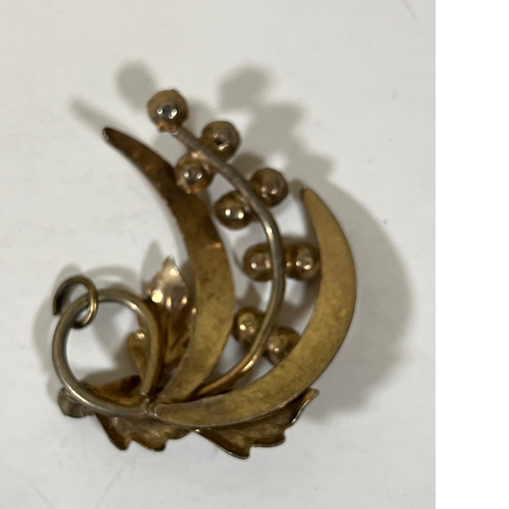 Vintage 60s Gold Tone Purple Rhinestone Floral Leaf Pendant Brooch Pin - Picture 5 of 5